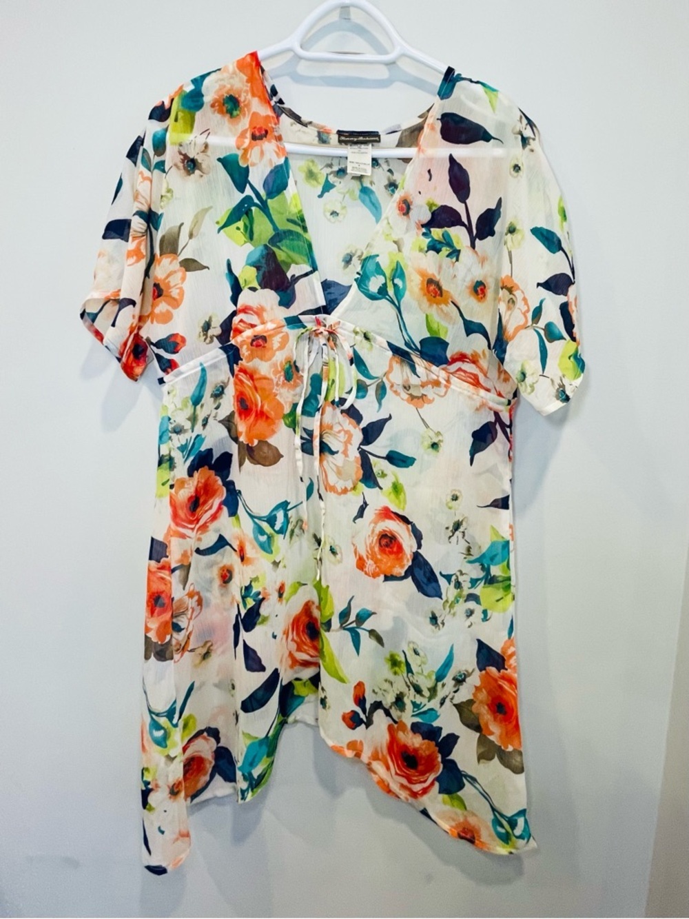 Tommy Bahama White Floral Tie-Front Tunic coverup with Orange & Blue Blooms - Picture 2 of 8